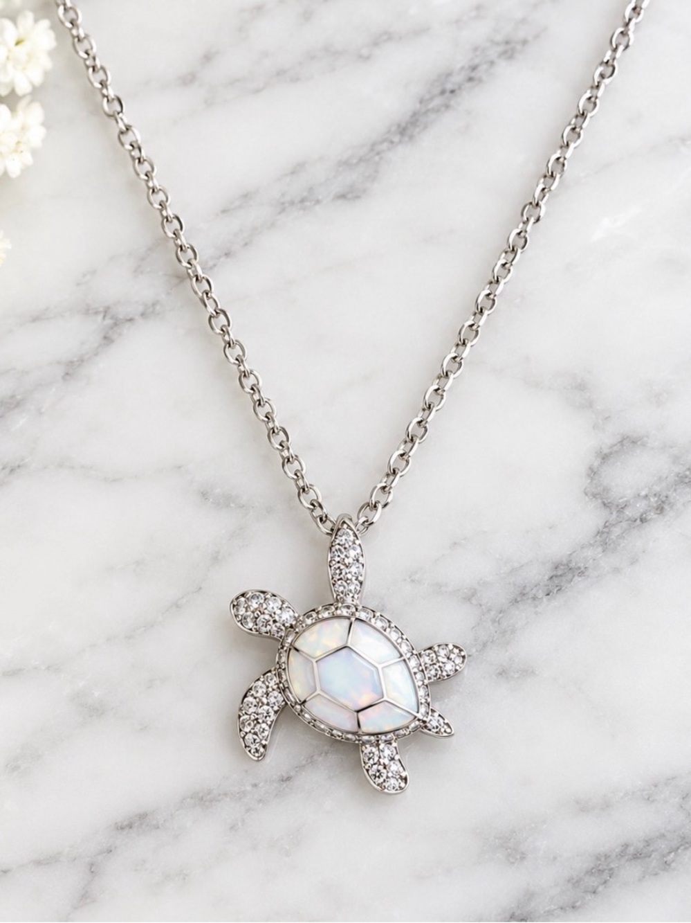 Silver Tone Turtle Pendant Necklace with White Inlay Shell